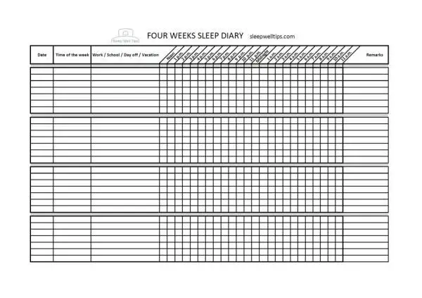 Download Four Weeks Sleep Diary for free - sleepwelltips.com